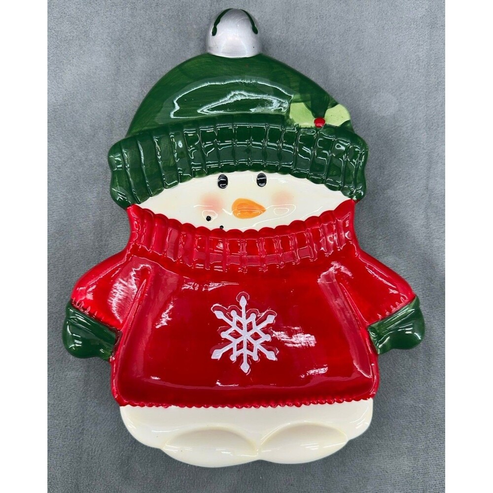 Hallmark Ceramic Snowman Candy Dish Red Sweater Green Hat Christmas Treat Tray